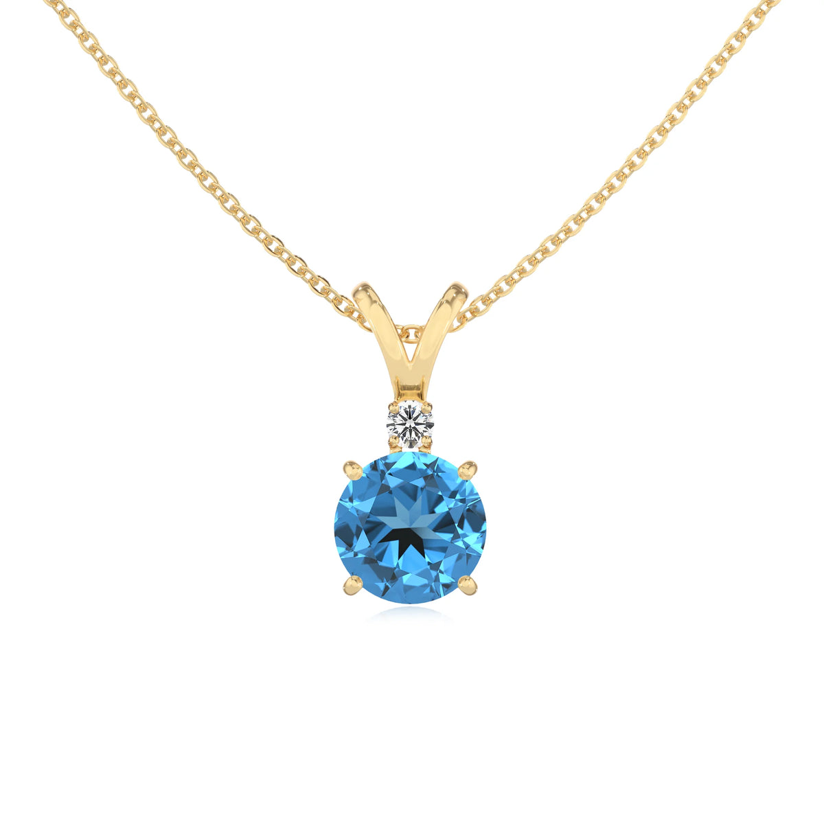 natural swiss-blue-topaz round solitaire v-bale necklaces in yellow gold 