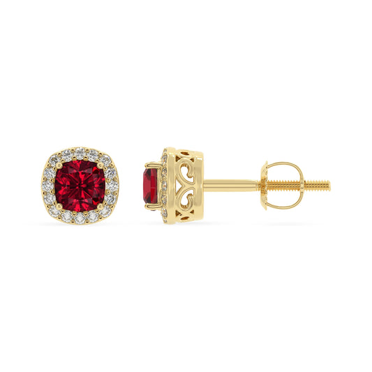 lab grown ruby cushion stud earrings in yellow gold 