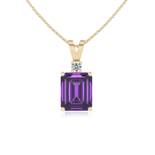 lab grown amethyst emerald cut solitaire v-bale necklaces in yellow gold 