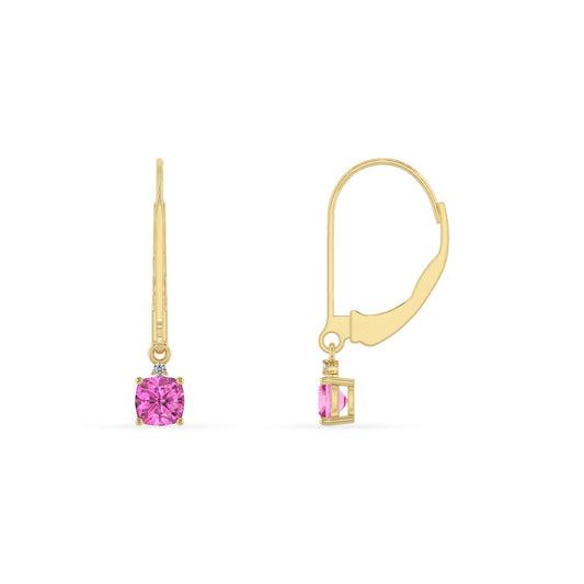 lab grown pink sapphire cushion drop earrings in yellow gold 