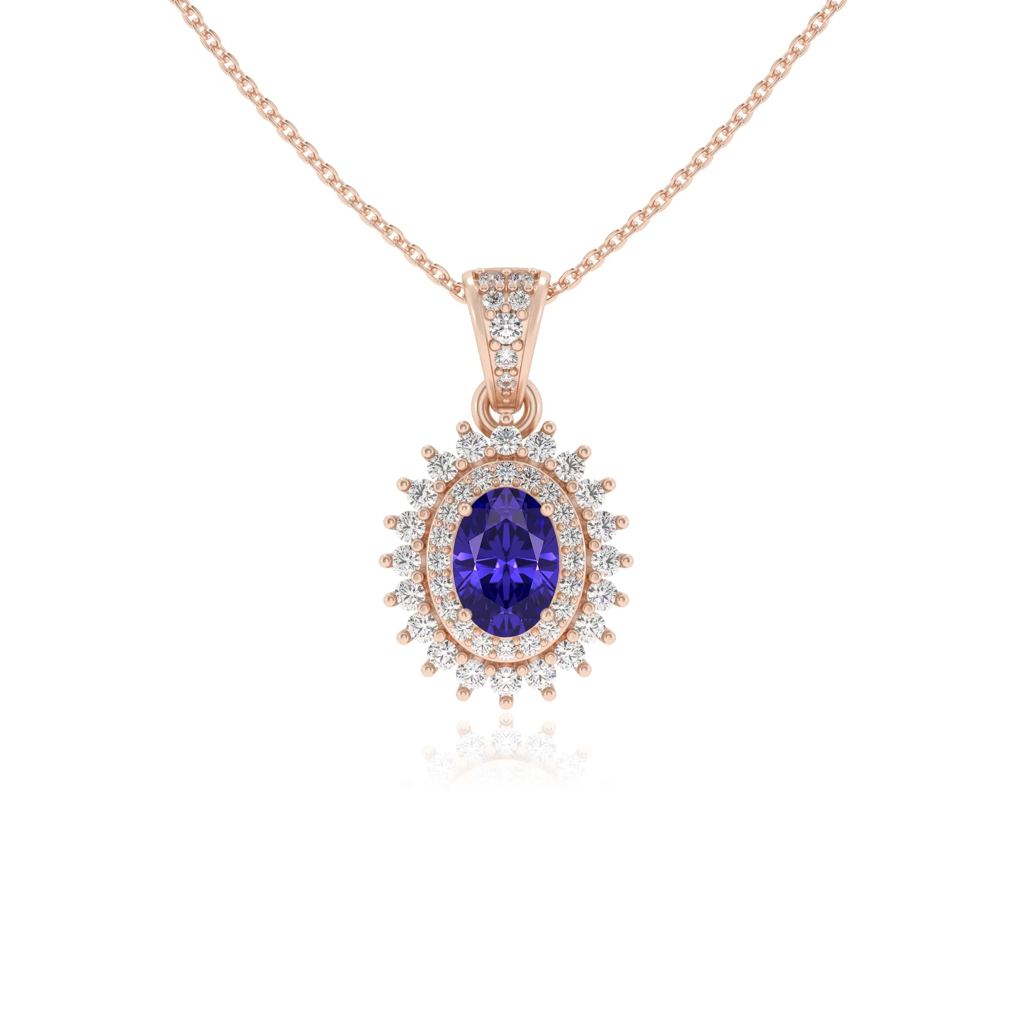 lab grown tanzanite oval halo necklaces in rose gold 