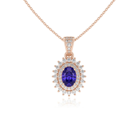 lab grown tanzanite oval halo necklaces in rose gold 