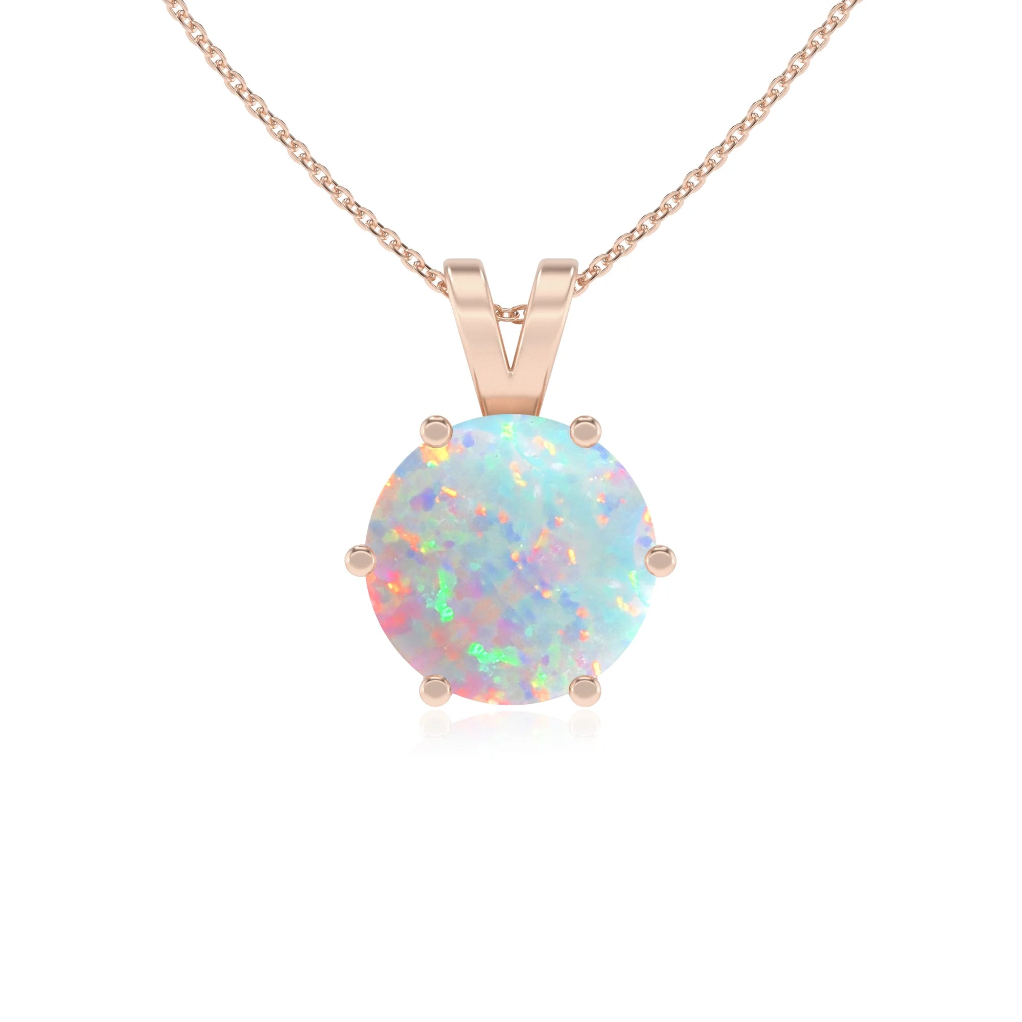 lab grown opal round solitaire v-bale necklaces in rose gold 