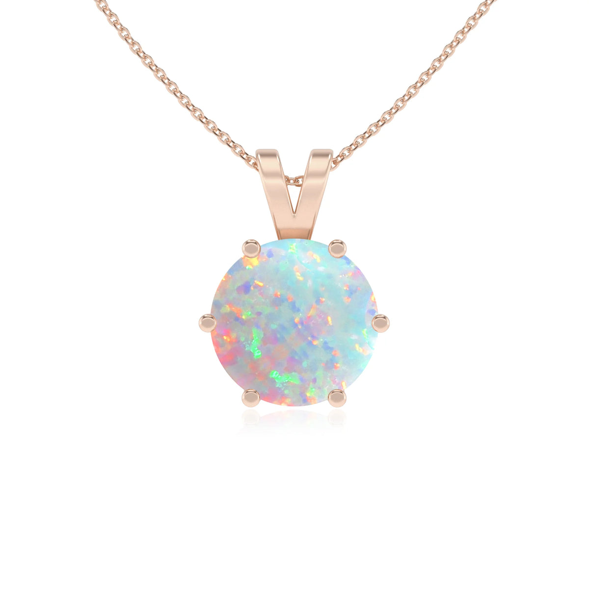 lab grown opal round solitaire v-bale necklaces in rose gold 