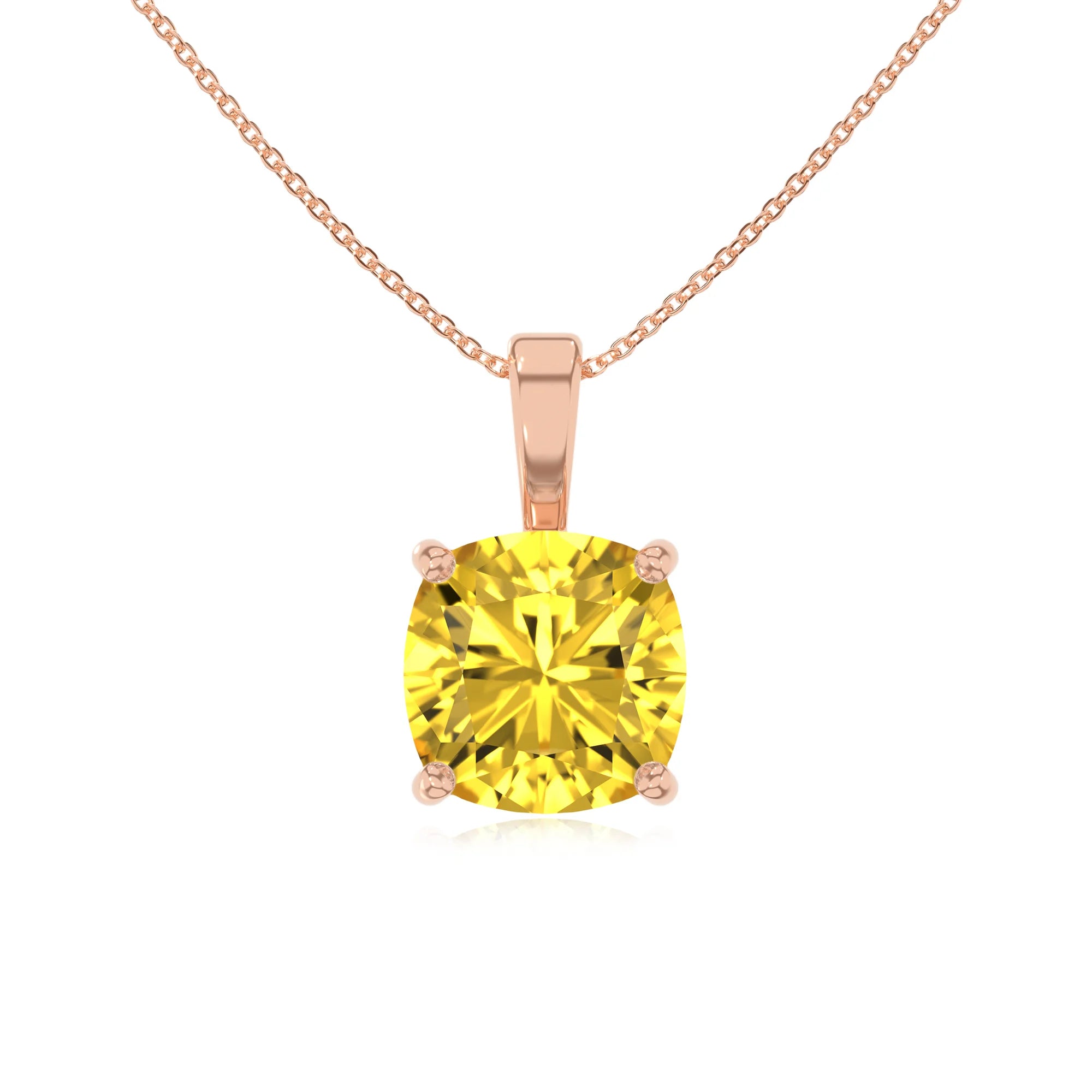 lab grown yellow-sapphire cushion solitaire necklaces in rose gold 