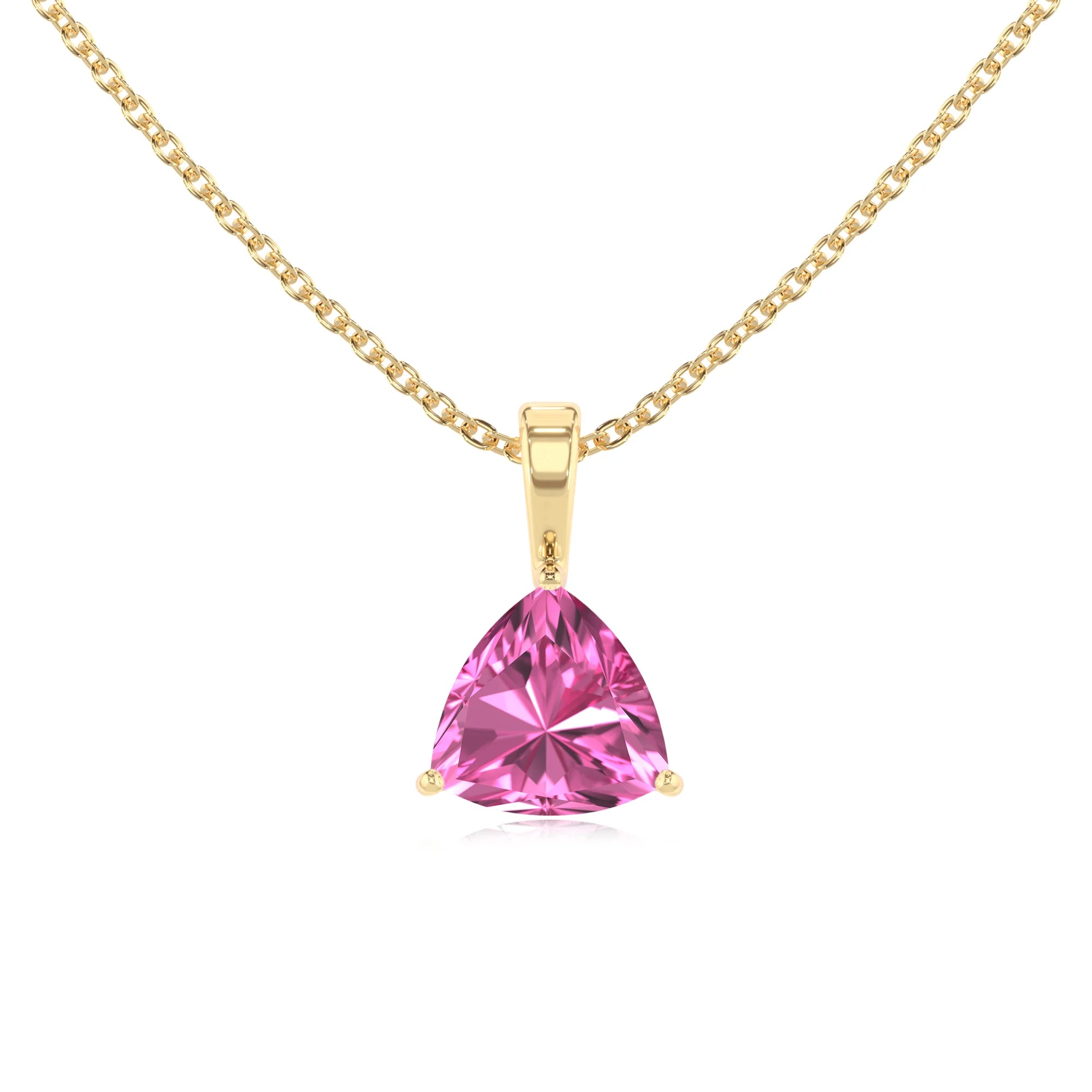 lab grown pink-sapphire trillion solitaire necklaces in yellow gold 