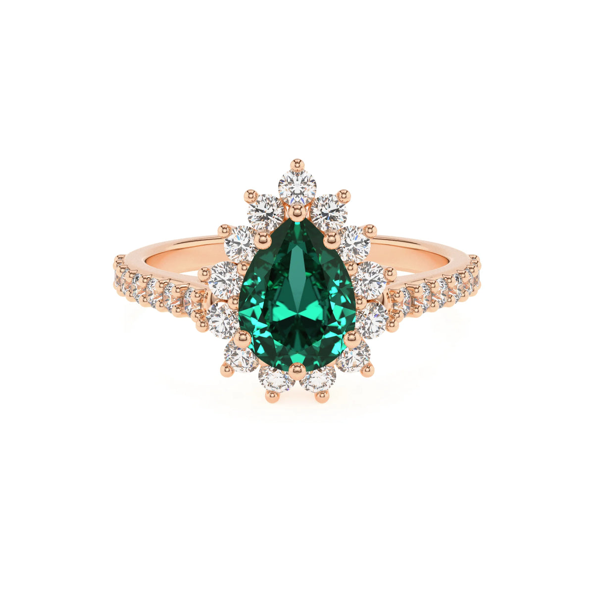 lab grown emerald pear solitaire rings in rose gold 