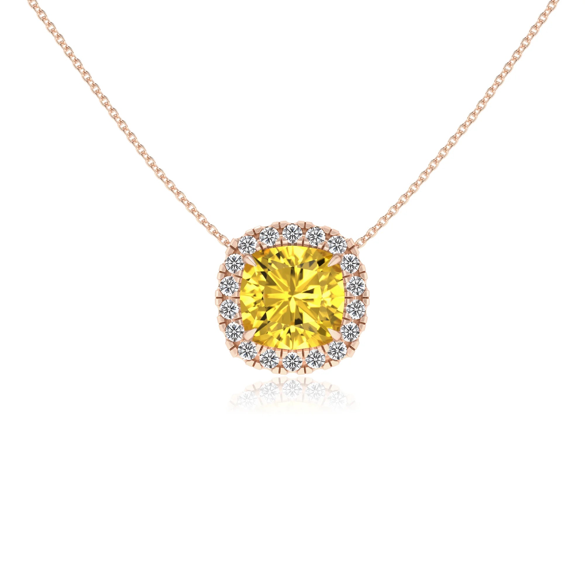 lab grown yellow sapphire cushion solitaire necklaces in rose gold 