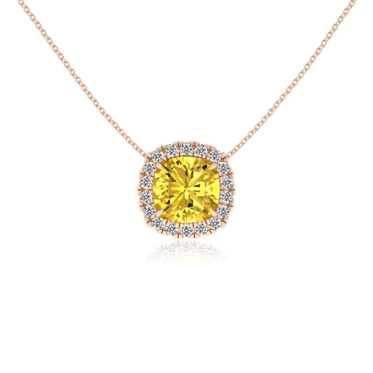 lab grown yellow sapphire cushion solitaire necklaces in rose gold 