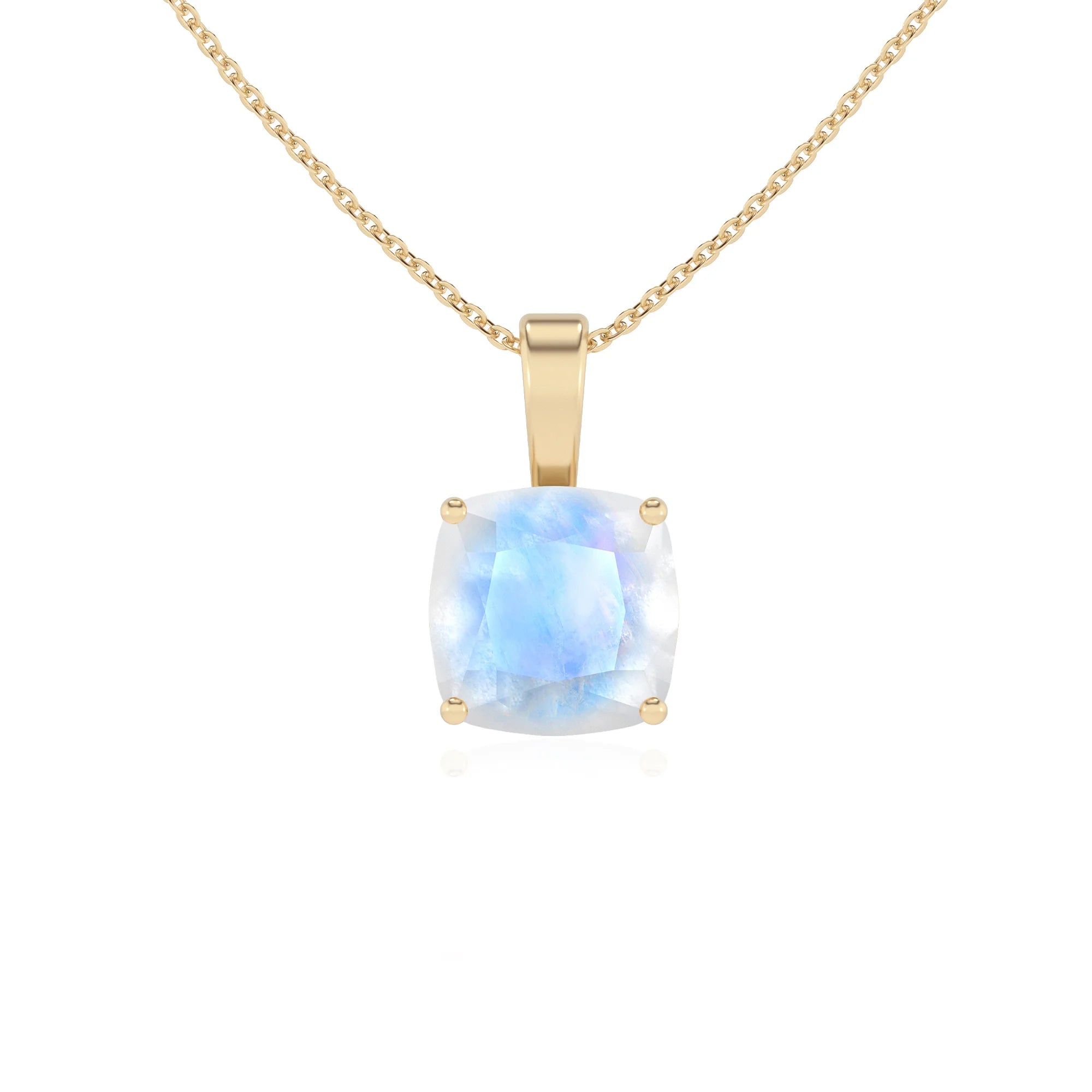 natural rainbow-moonstone cushion solitaire necklaces in yellow gold 