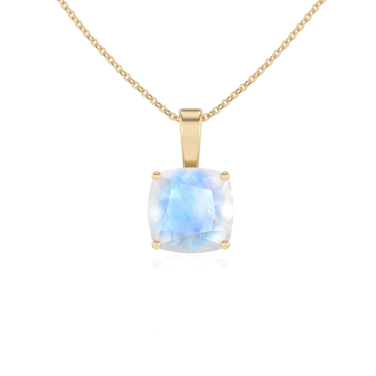 natural rainbow-moonstone cushion solitaire necklaces in yellow gold 