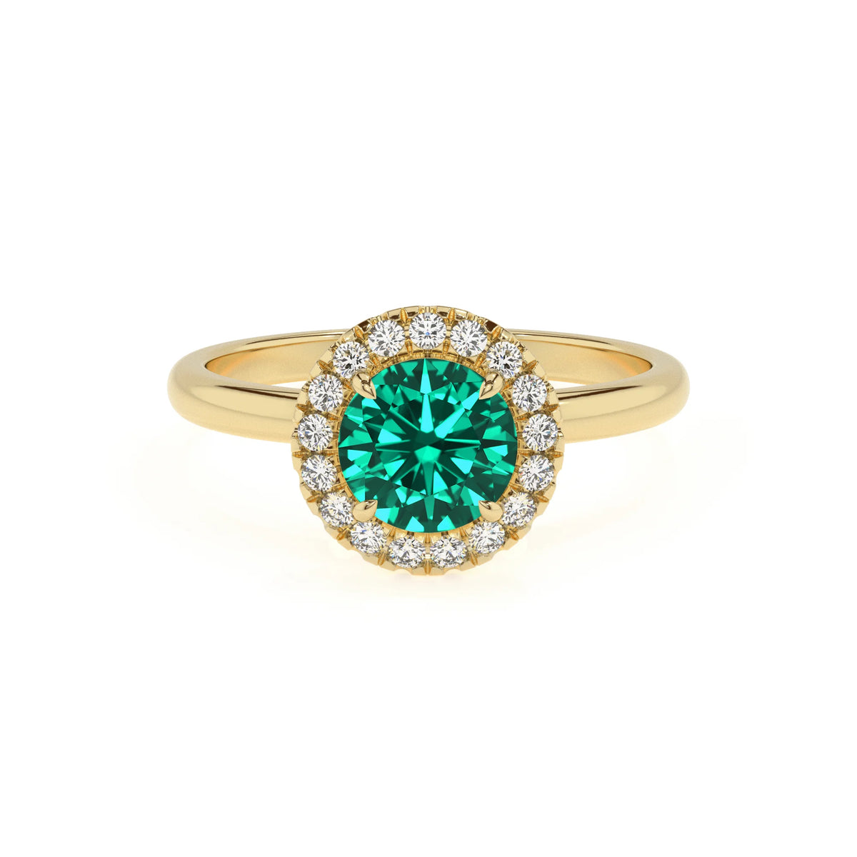 lab grown emerald round solitaire rings in yellow gold 