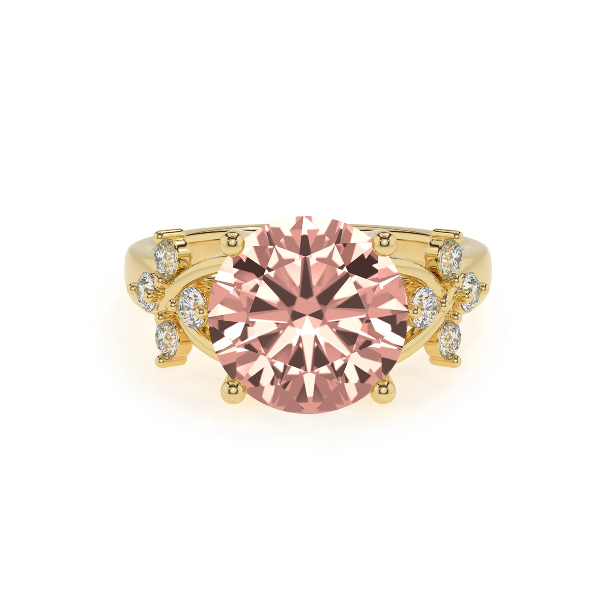 lab grown morganite round solitaire rings in yellow gold 