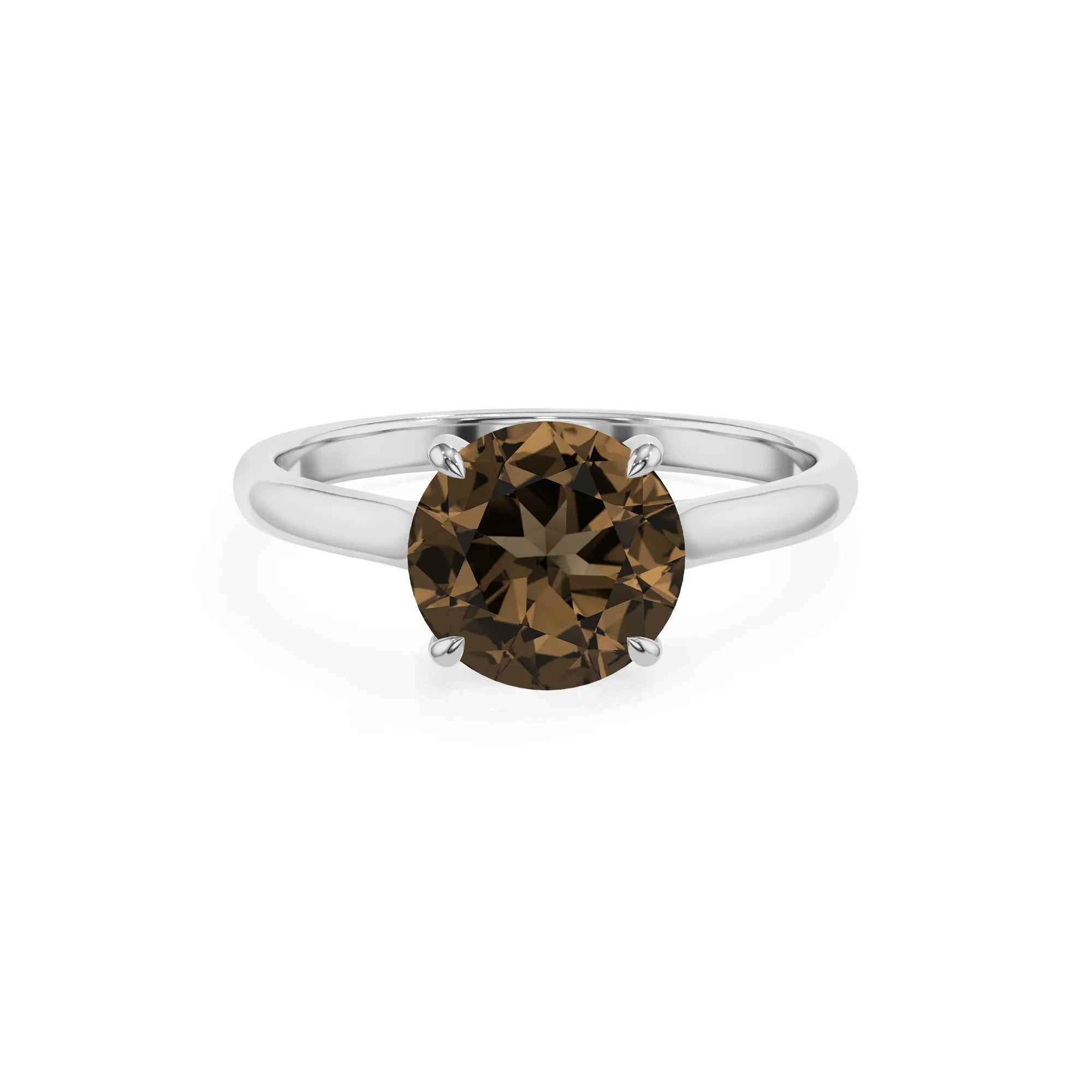 natural smoky-quartz round solitaire rings in white gold 