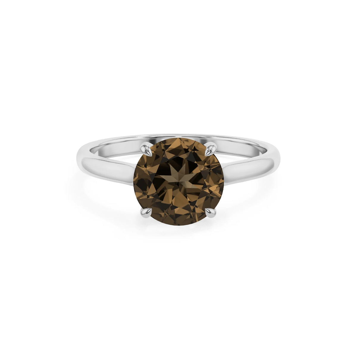 natural smoky-quartz round solitaire rings in white gold 