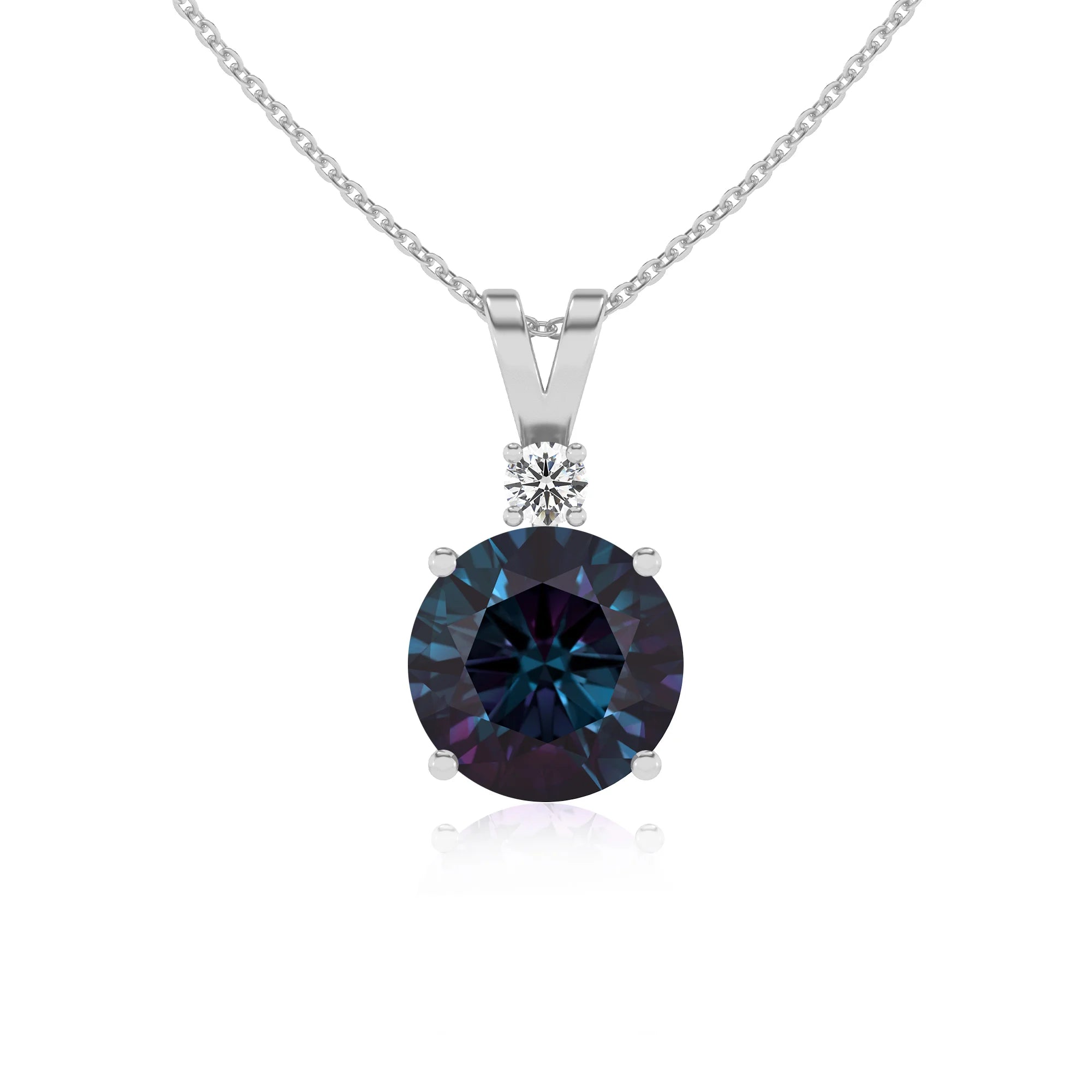 lab grown alexandrite round solitaire v-bale necklaces in white gold 