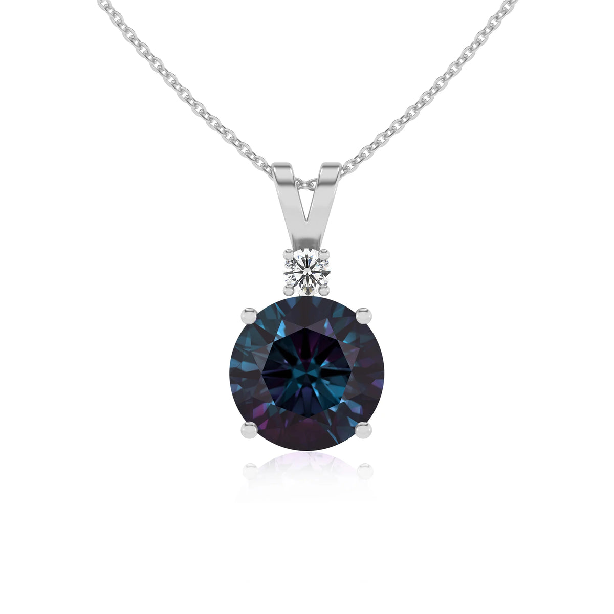 lab grown alexandrite round solitaire v-bale necklaces in white gold 