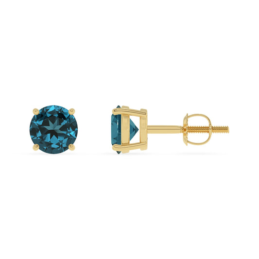 natural london blue topaz round stud earrings in yellow gold 