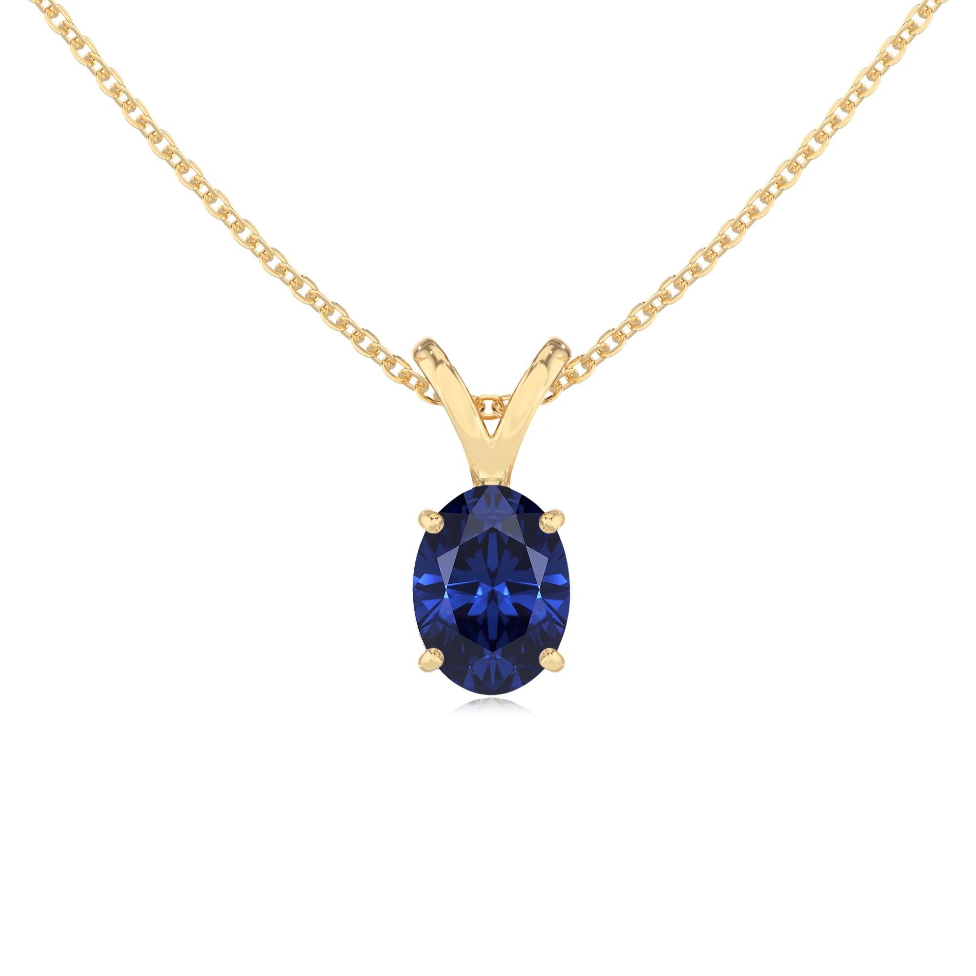 lab grown blue-sapphire oval solitaire v-bale necklaces in yellow gold 