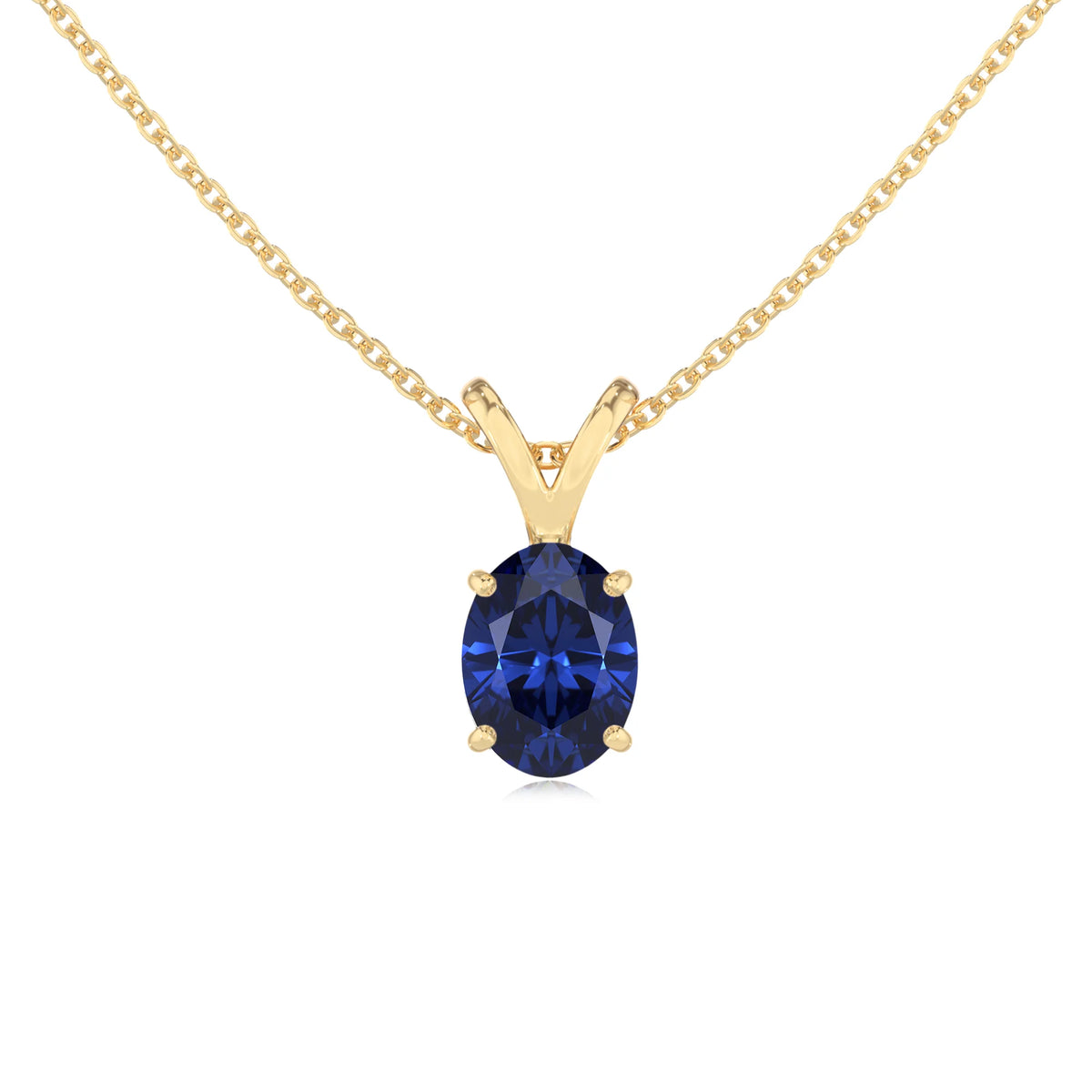 lab grown blue-sapphire oval solitaire v-bale necklaces in yellow gold 