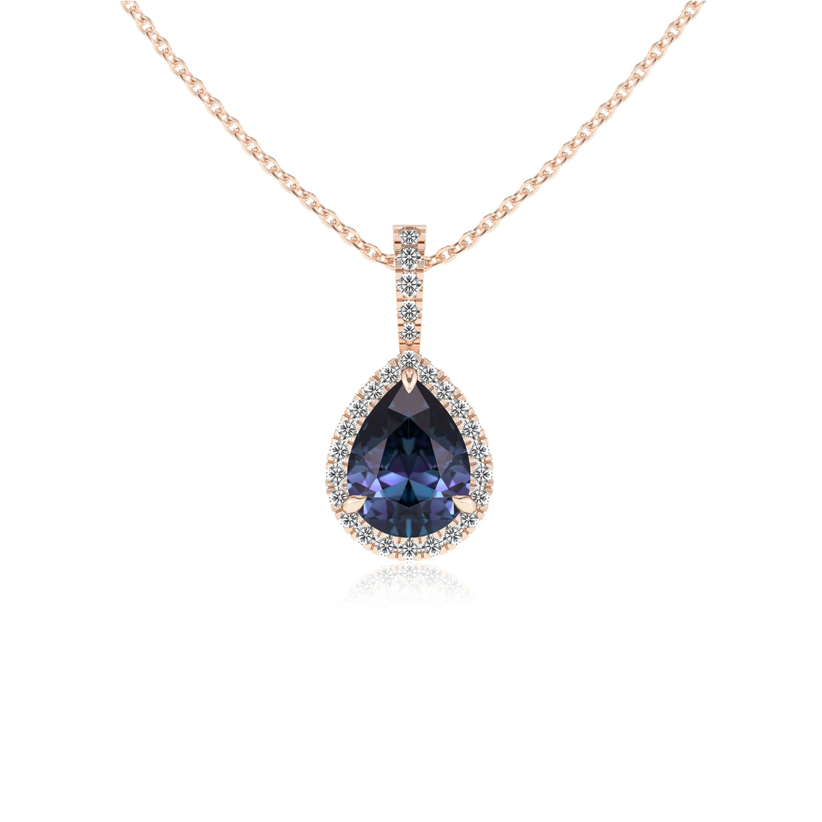 lab grown alexandrite pear solitaire necklaces in rose gold 