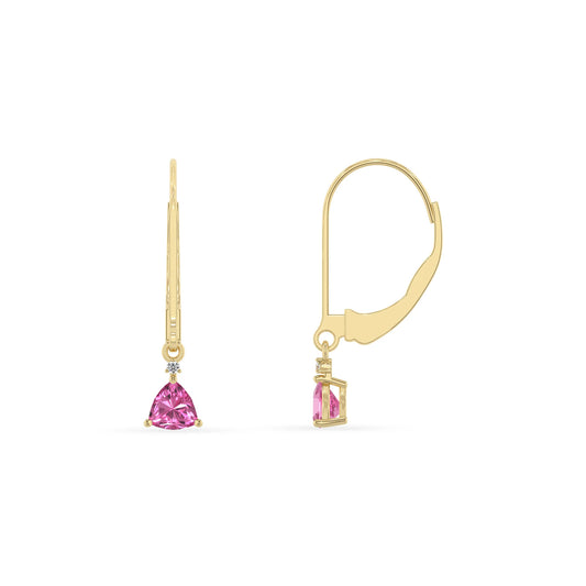 lab grown pink sapphire trillion drop earrings in yellow gold 