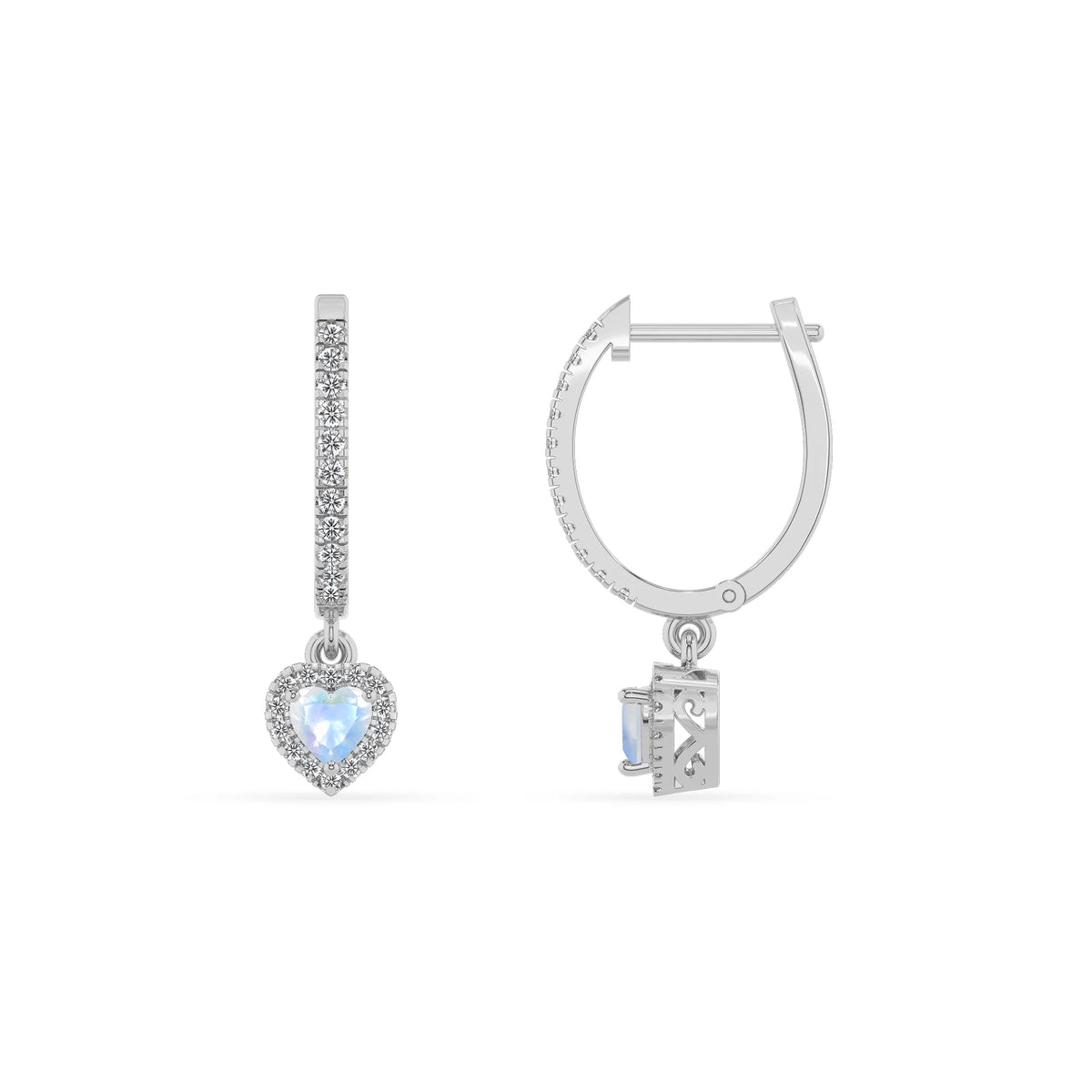 natural rainbow moonstone heart drop earrings in platinum 