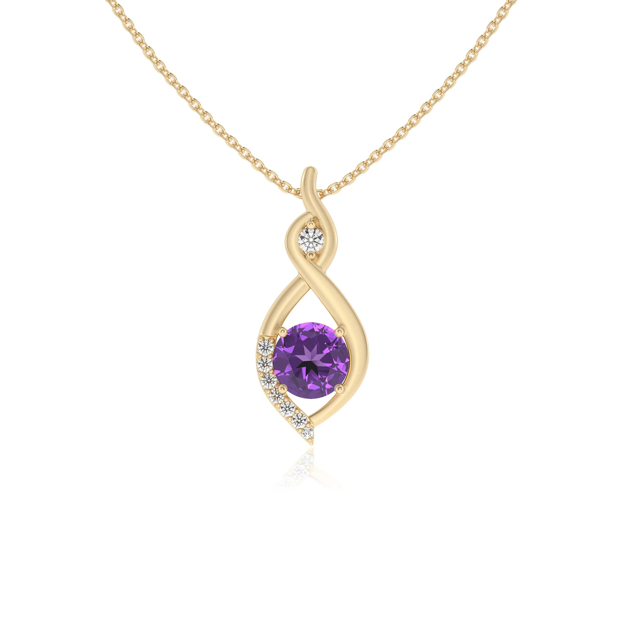 lab grown amethyst round solitaire necklaces in yellow gold 