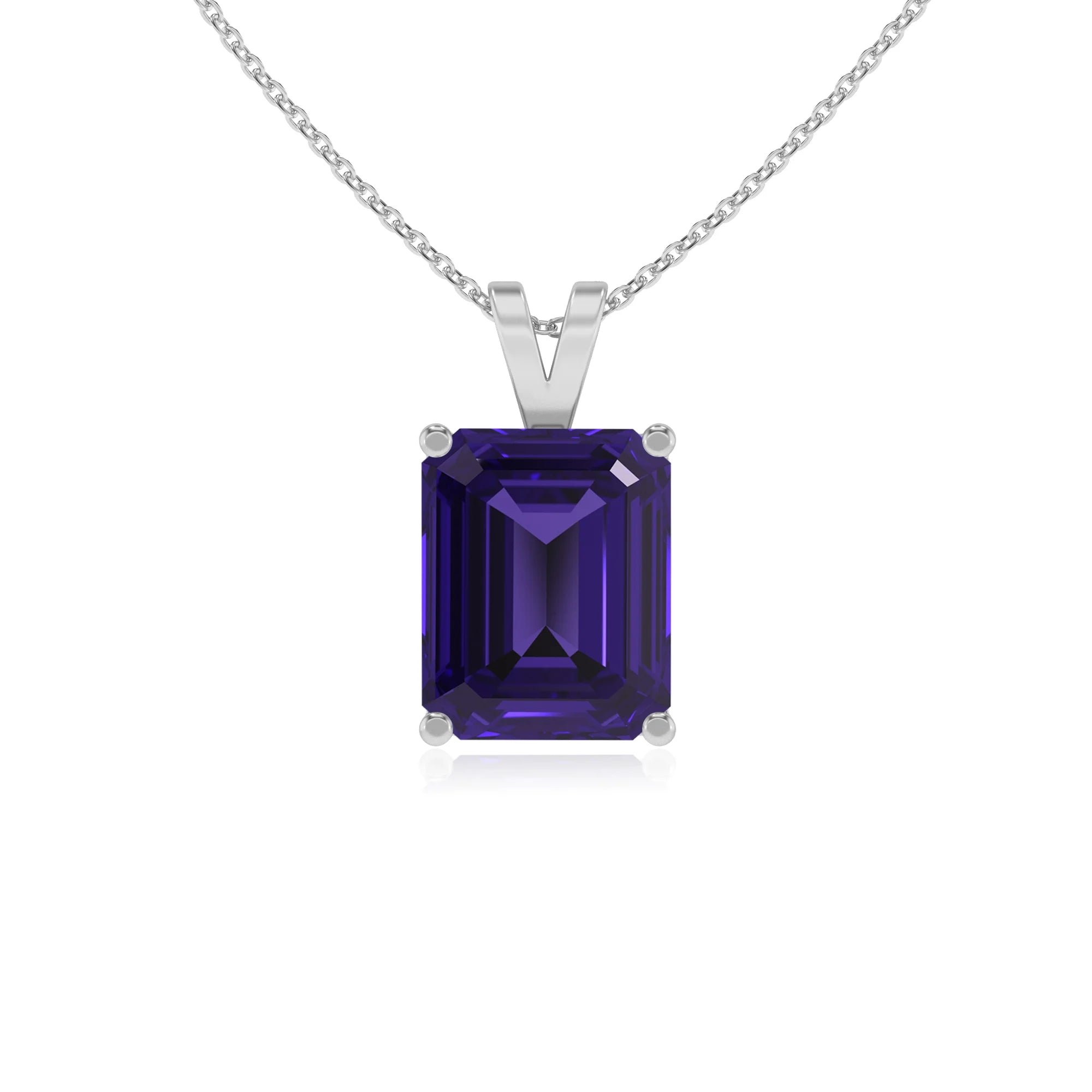 lab grown tanzanite emerald cut solitaire v-bale necklaces in platinum 