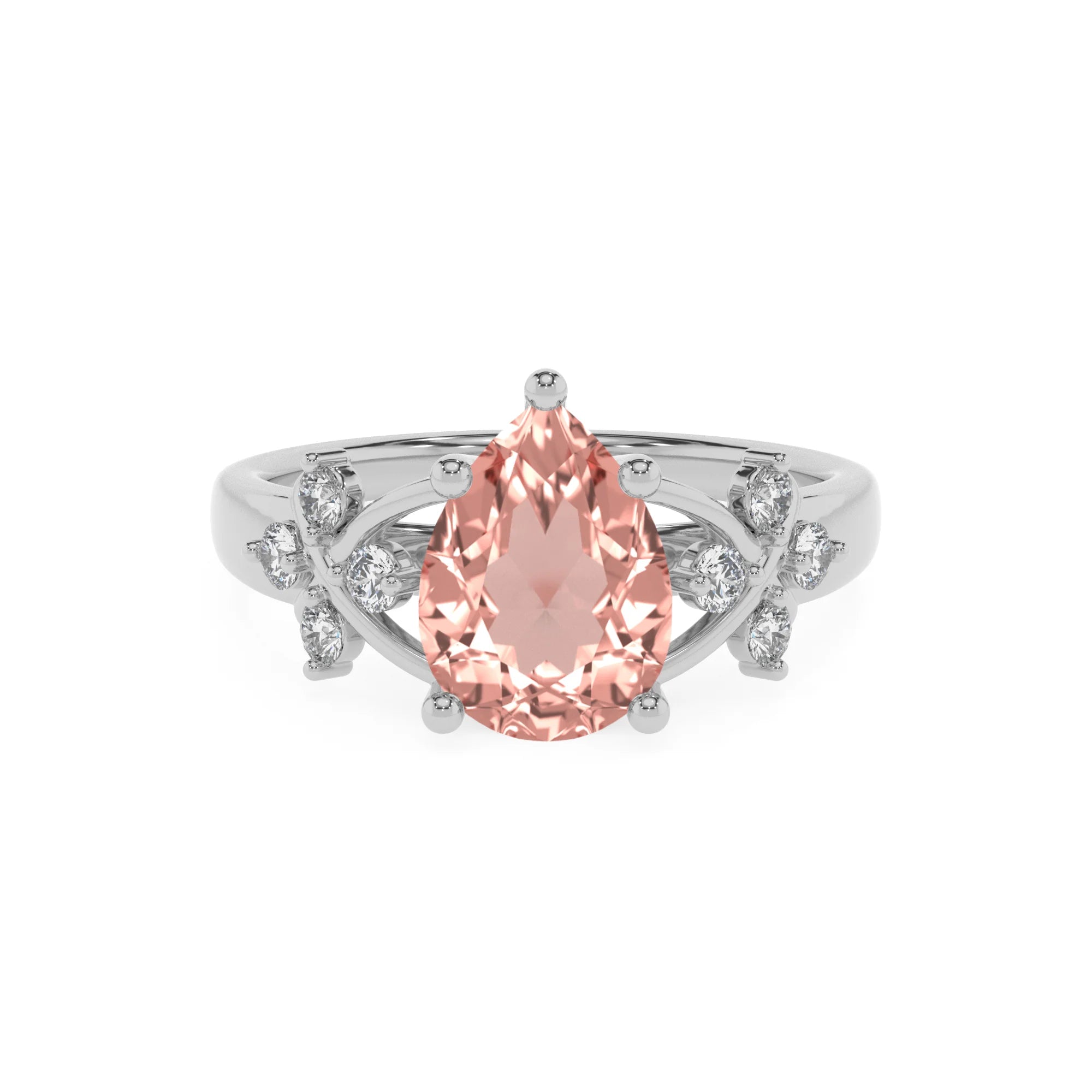 lab grown morganite pear solitaire rings in white gold 