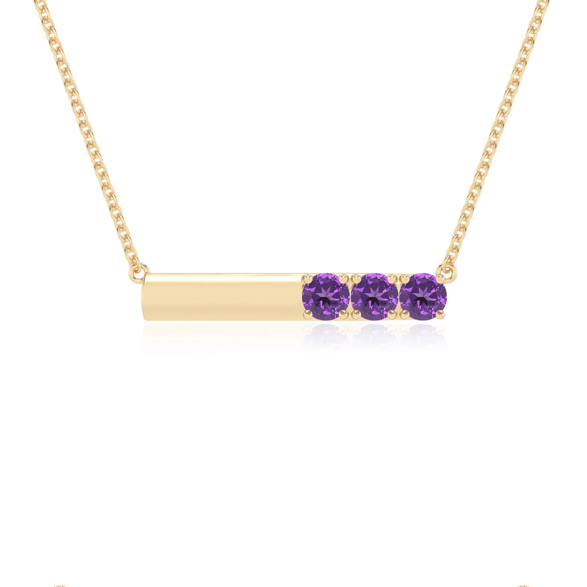 lab grown amethyst round bar v-bale necklaces in yellow gold 