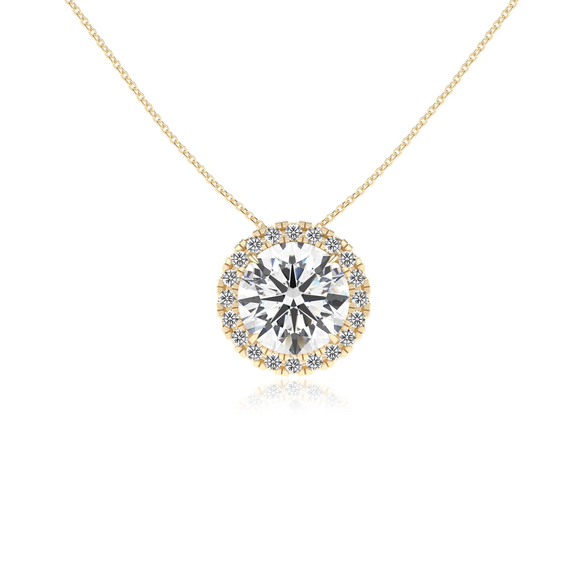 lab grown moissanite round solitaire necklaces in yellow gold 