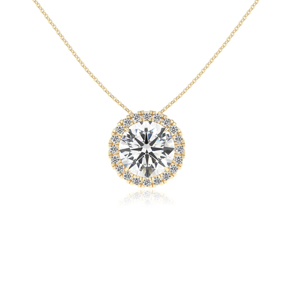 lab grown moissanite round solitaire necklaces in yellow gold 
