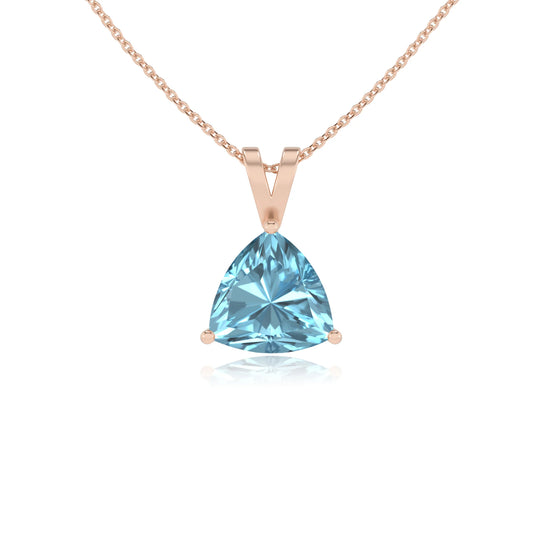 lab grown aquamarine trillion solitaire v-bale necklaces in rose gold 