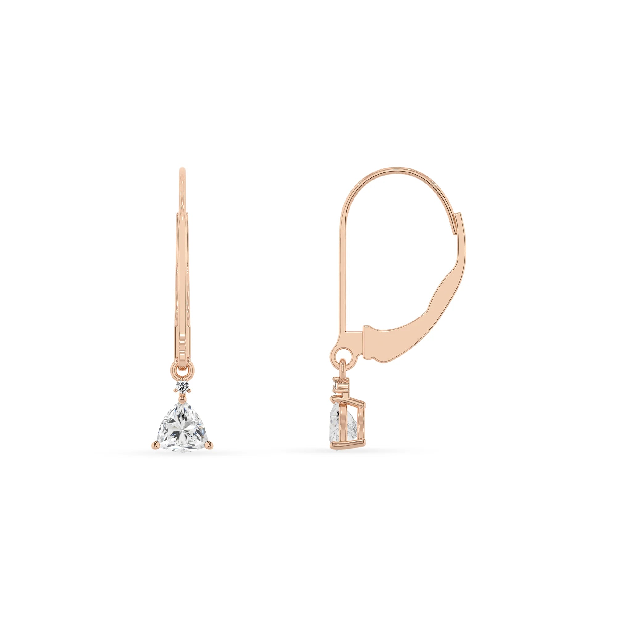 lab grown moissanite trillion drop earrings in rose gold 