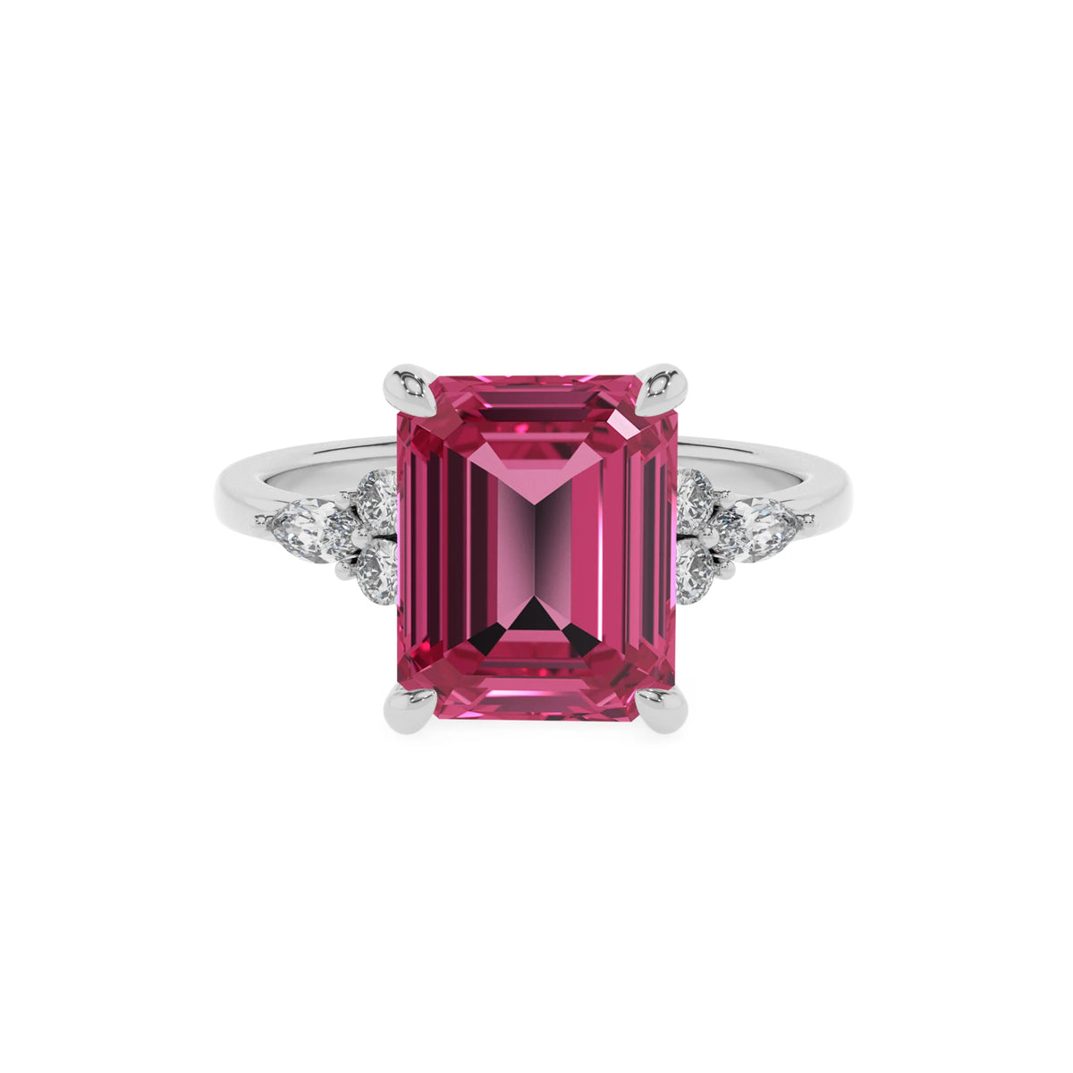 lab grown pink-tourmaline emerald cut solitaire rings in sterling silver 