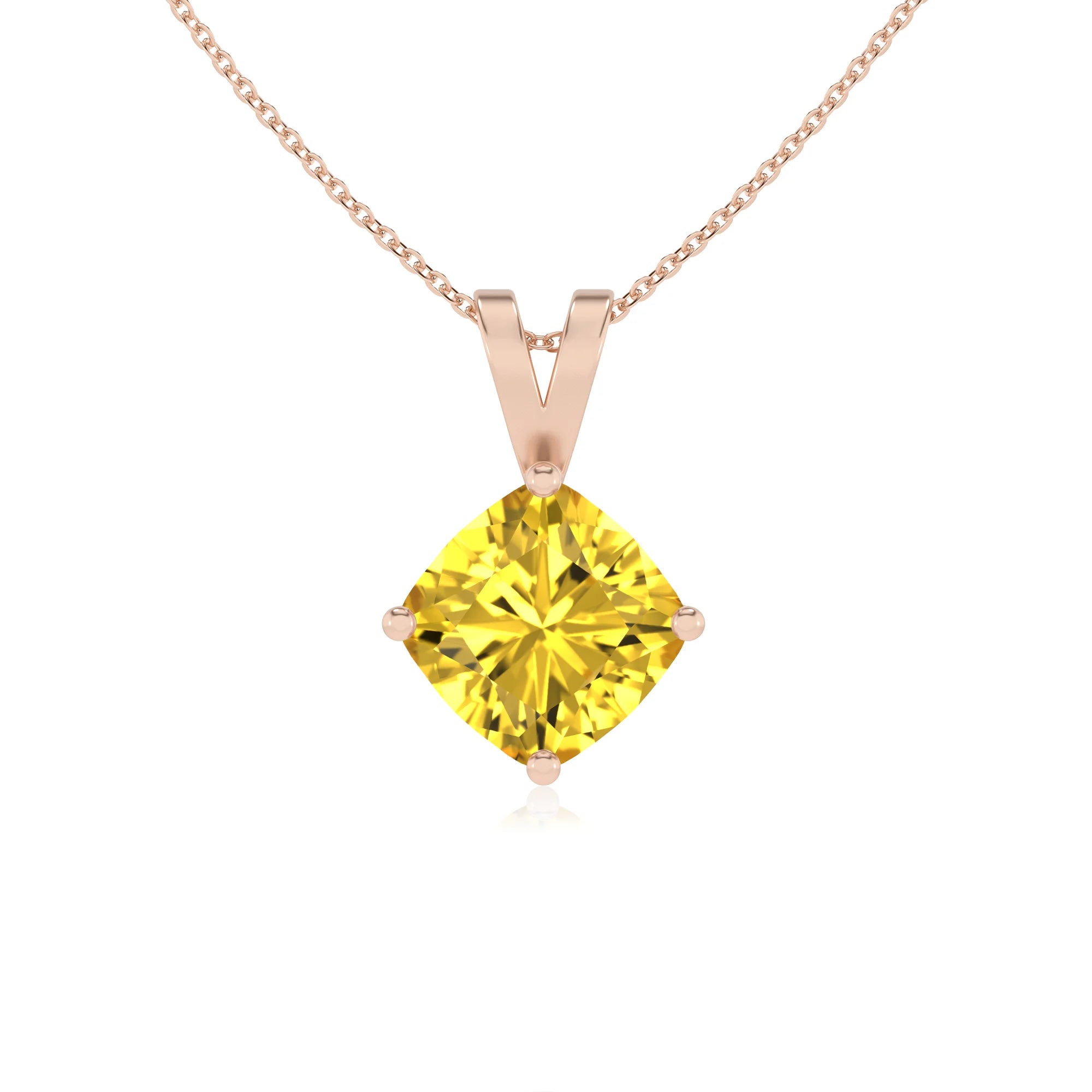 lab grown yellow-sapphire cushion solitaire v-bale necklaces in rose gold 