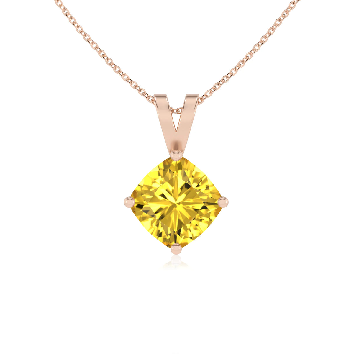 lab grown yellow-sapphire cushion solitaire v-bale necklaces in rose gold 
