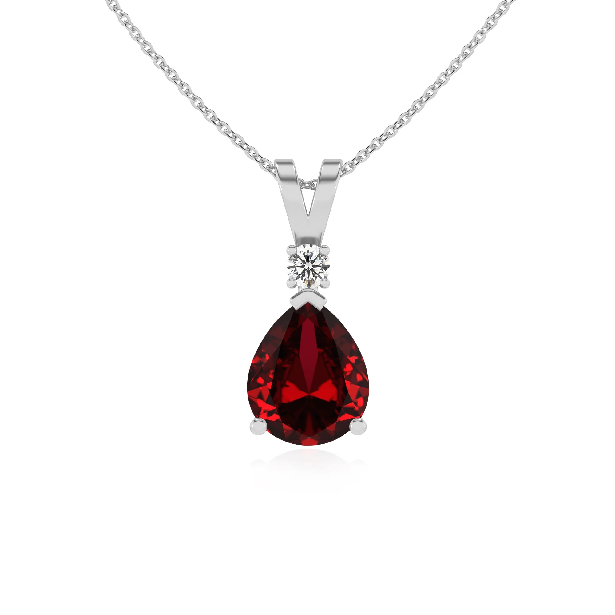 lab grown ruby pear solitaire v-bale necklaces in white gold 