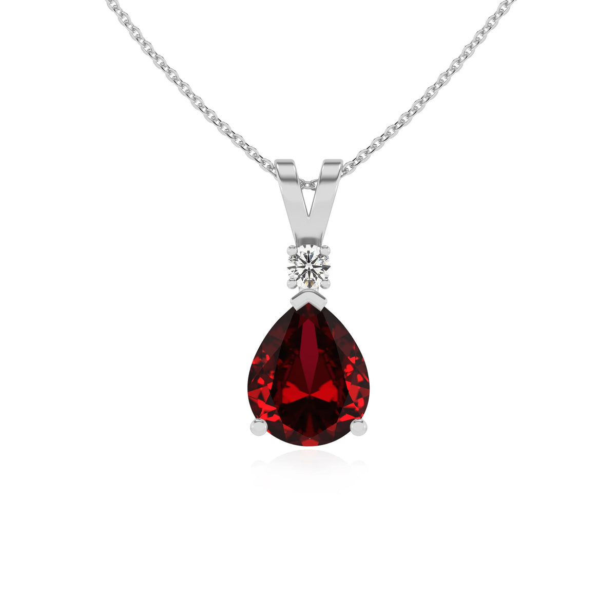lab grown ruby pear solitaire v-bale necklaces in white gold 