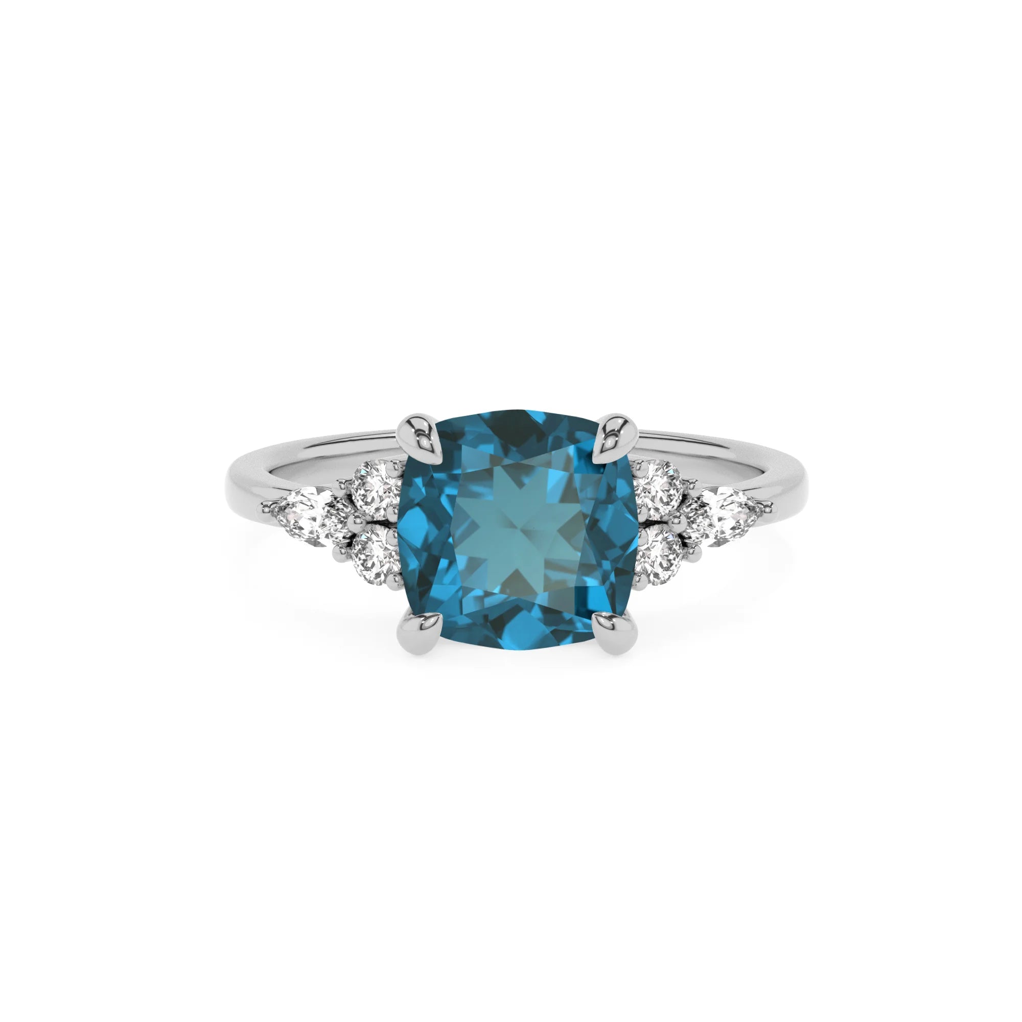 natural london-blue-topaz cushion solitaire rings in platinum 