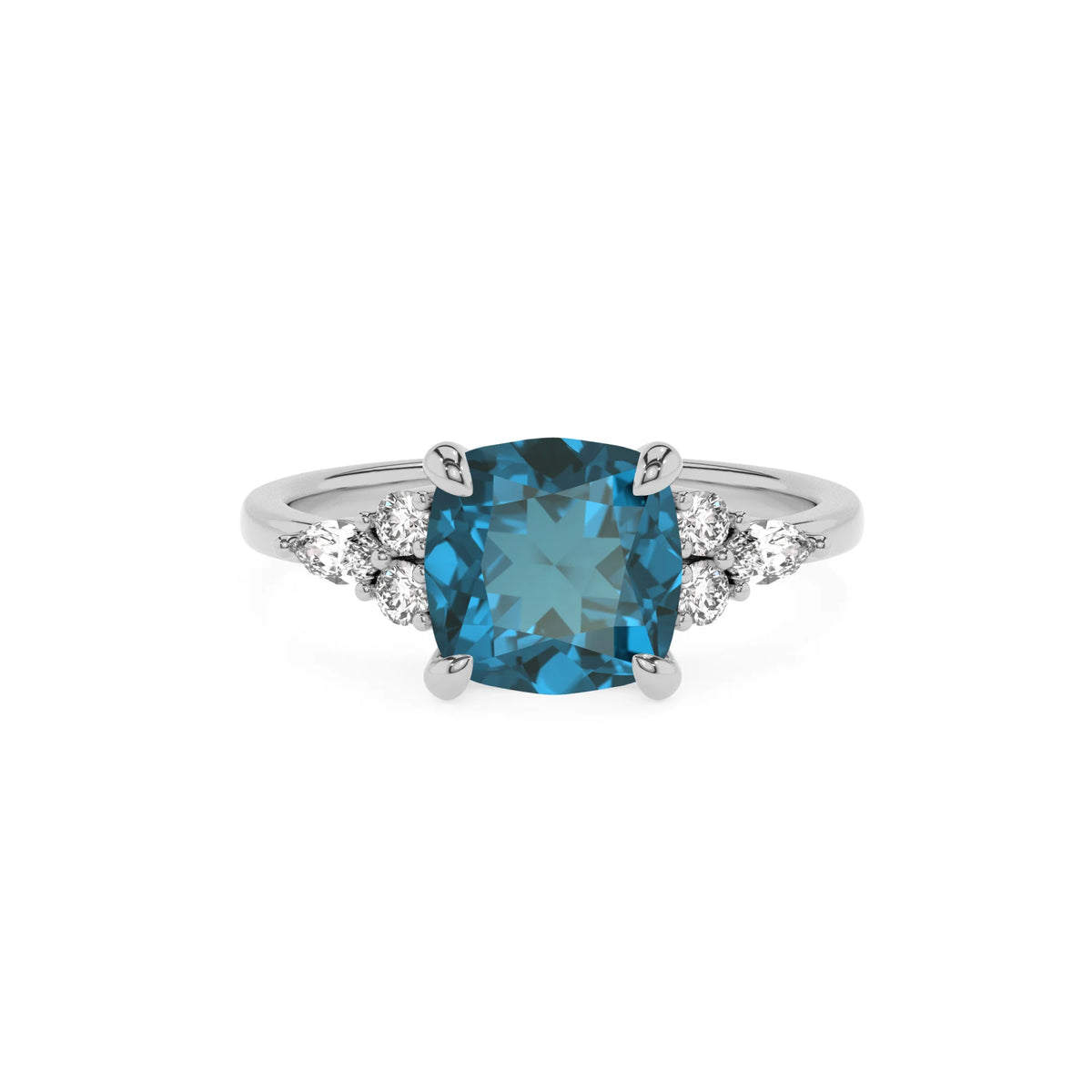 natural london-blue-topaz cushion solitaire rings in platinum 