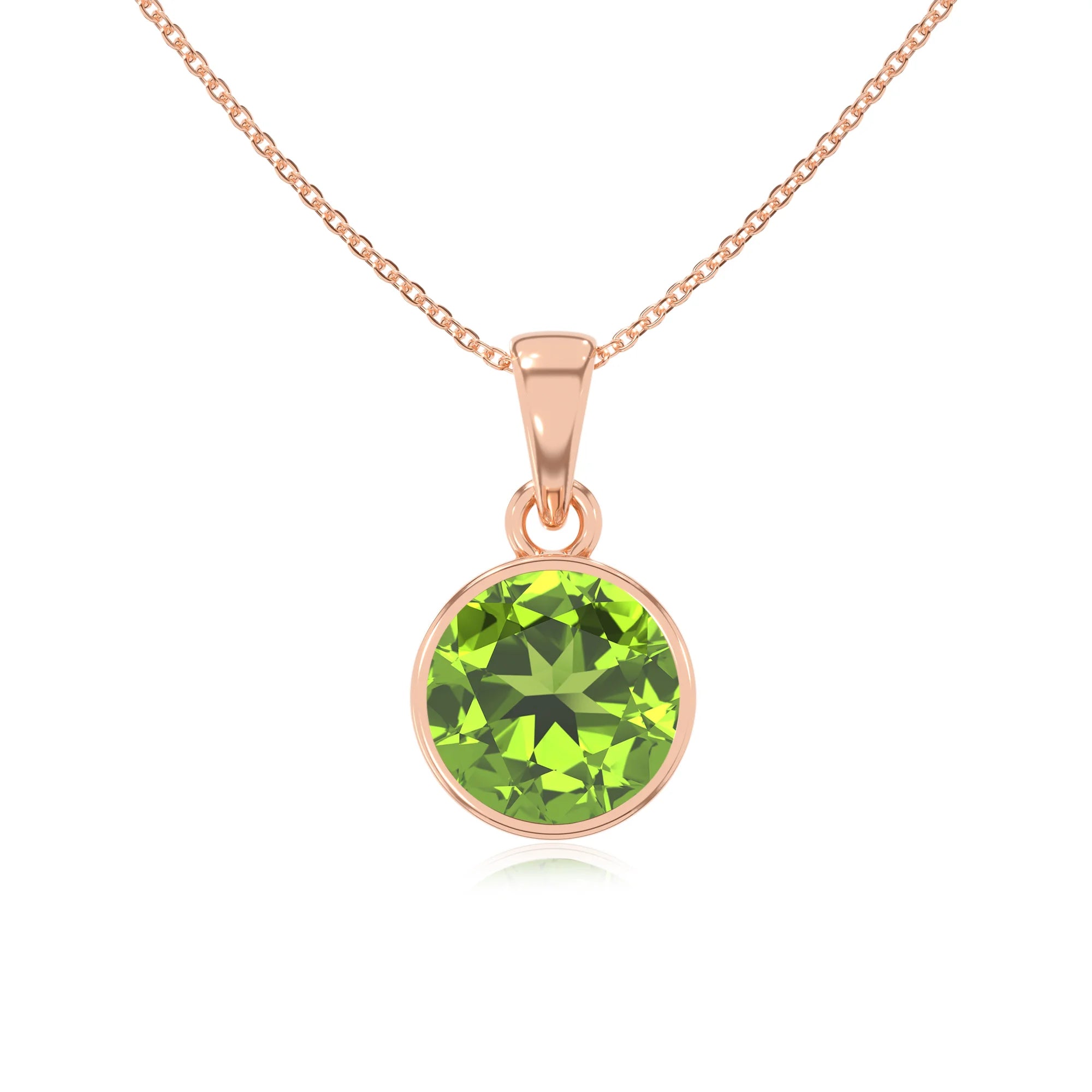 natural peridot round solitaire necklaces in rose gold 
