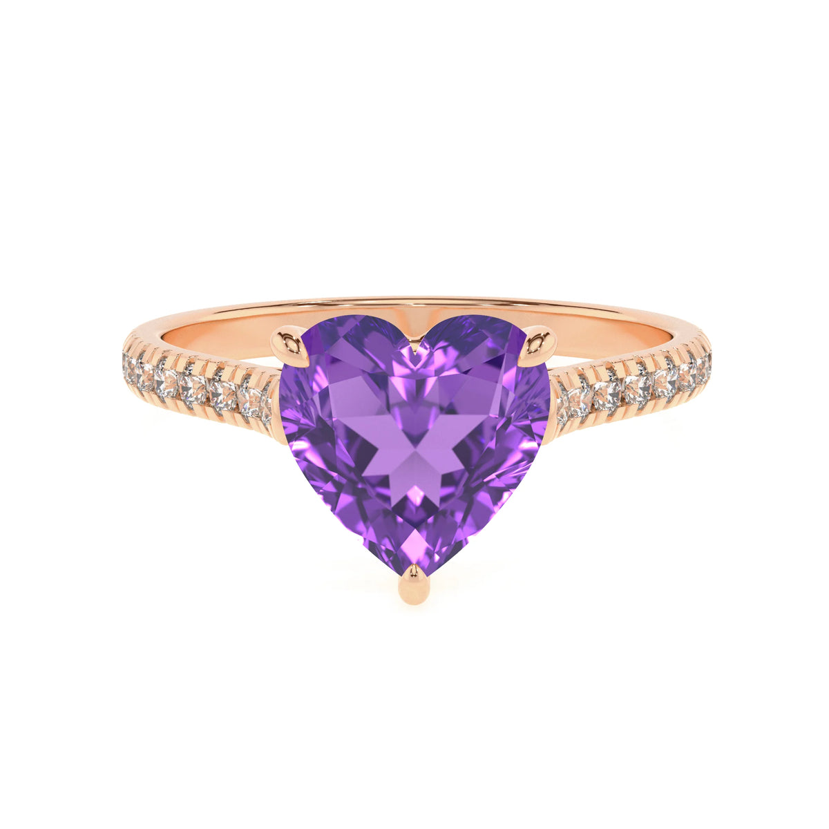 lab grown amethyst heart half eternity solitaire engagement rings in rose gold 