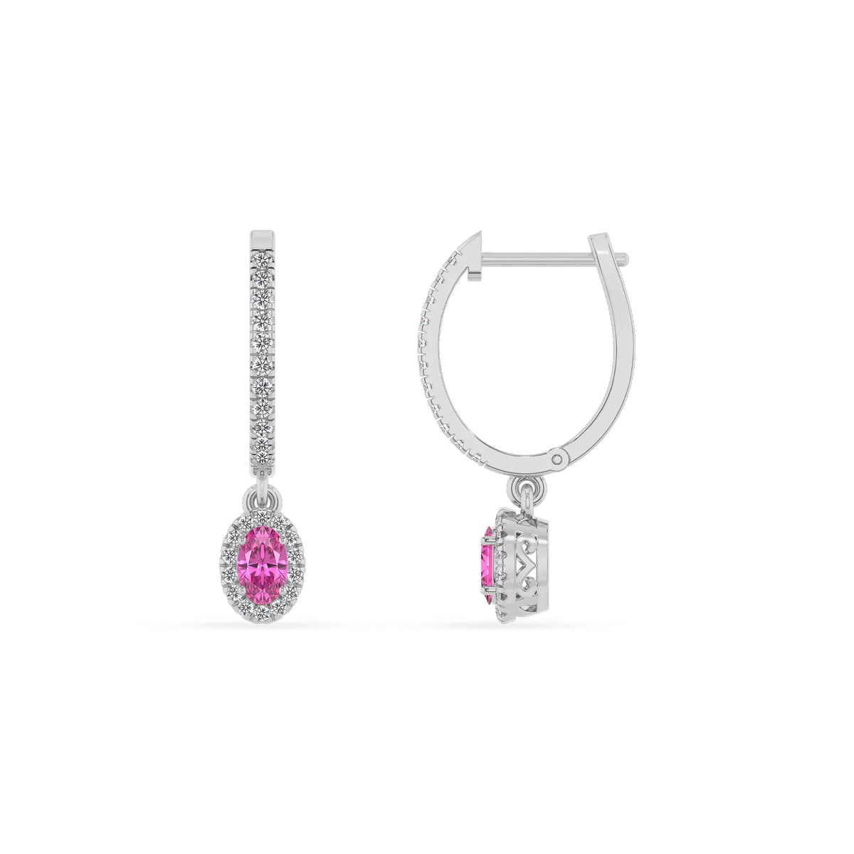 lab grown pink sapphire oval drop earrings in sterling silver 