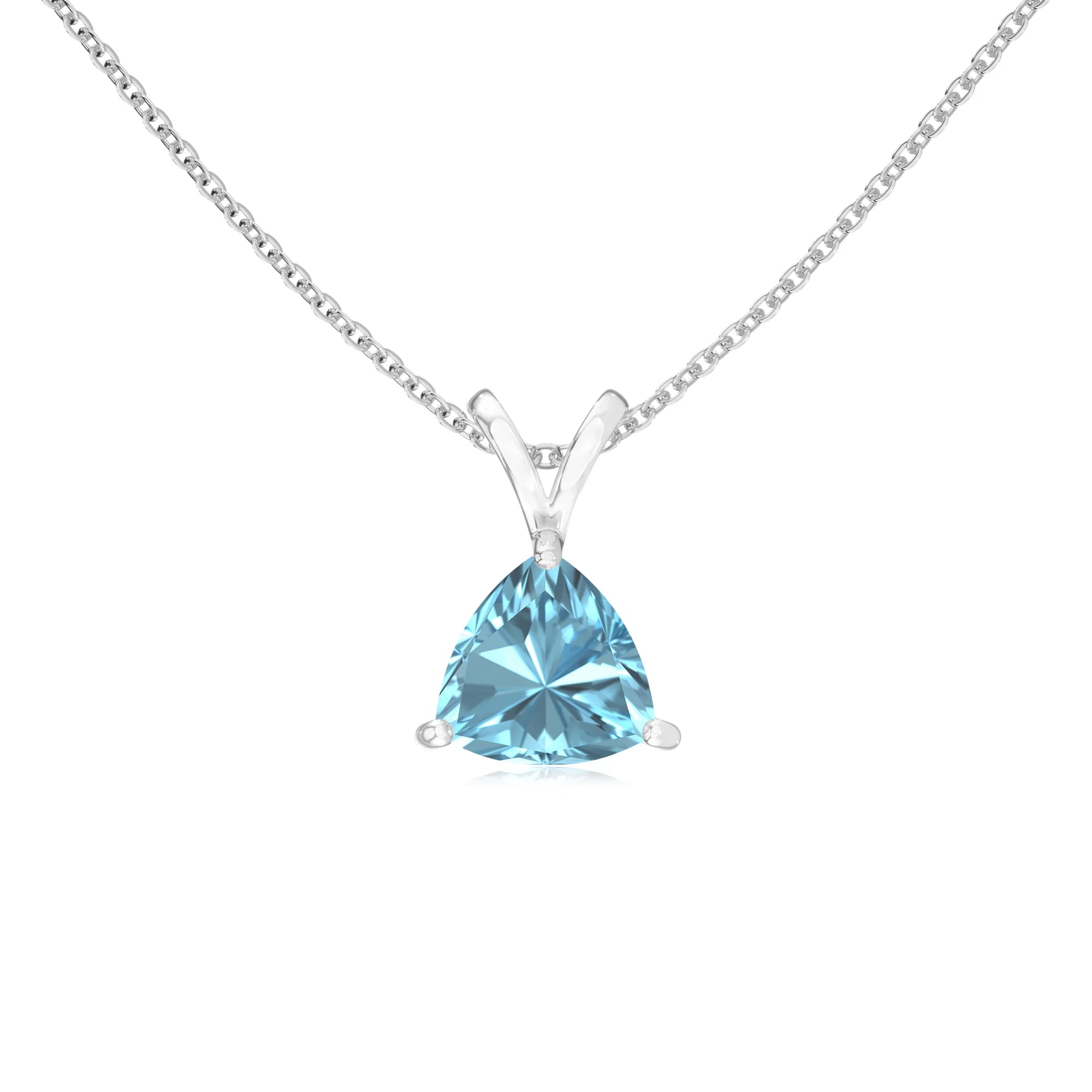 lab grown aquamarine trillion solitaire v-bale necklaces in white gold 