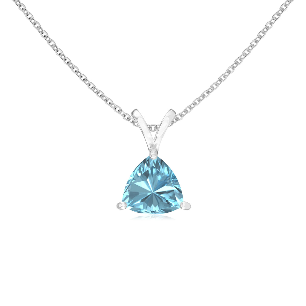 lab grown aquamarine trillion solitaire v-bale necklaces in white gold 