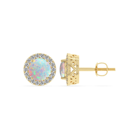 lab grown opal round stud earrings in yellow gold 