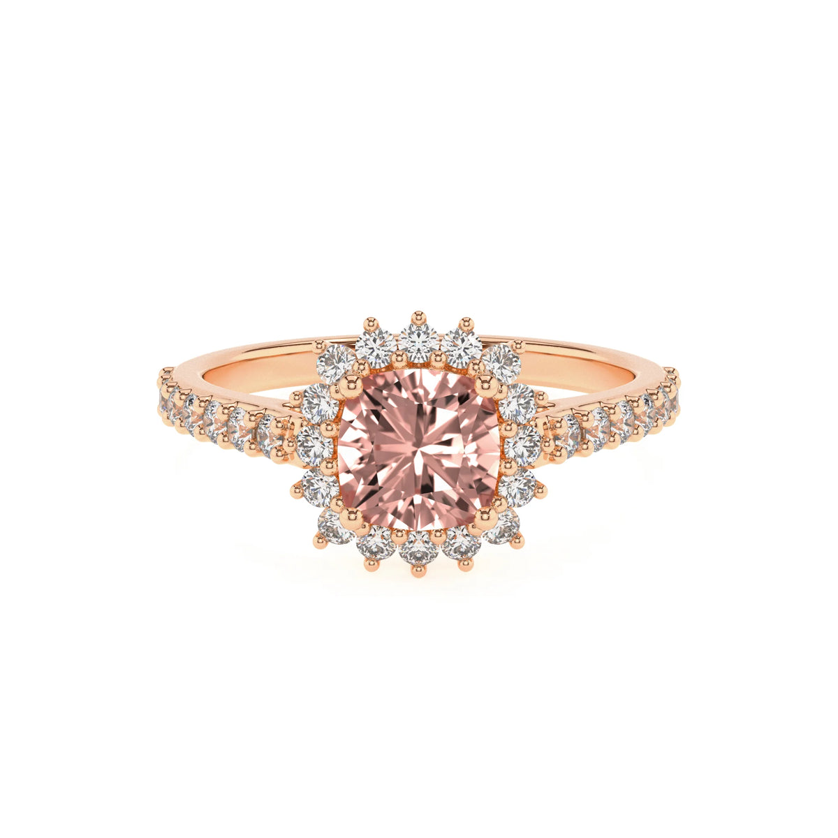 lab grown morganite cushion solitaire rings in rose gold 
