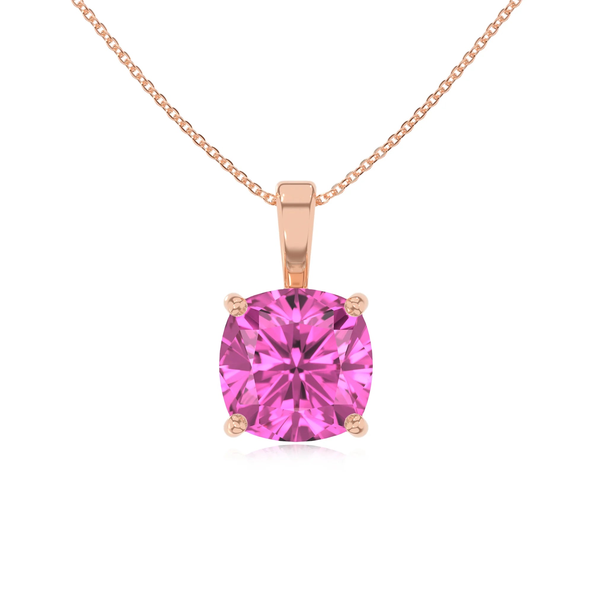 lab grown pink-sapphire cushion solitaire necklaces in rose gold 